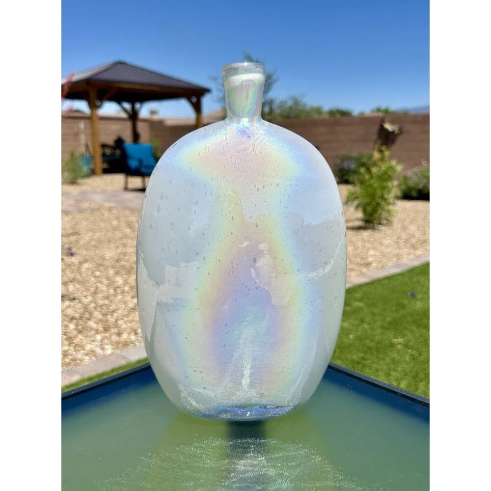 Modern West Elm Pearl Opalescent Iridescent White Hand Blown Vase Tall Flat Oval